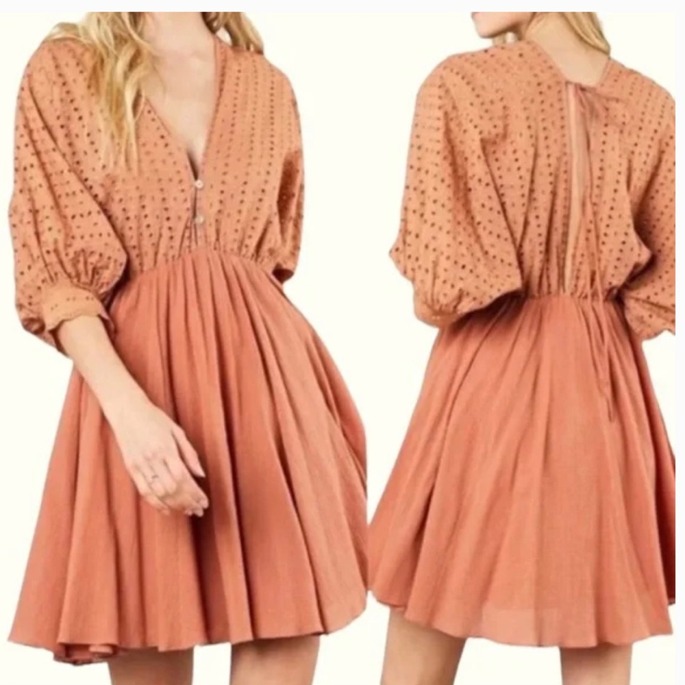 Mustard Seed Balloon Sleeve Eyelet Lace Dress